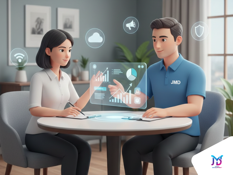 Ilustrasi tim JMD sedang konsultasi proyek digital di Yogyakarta